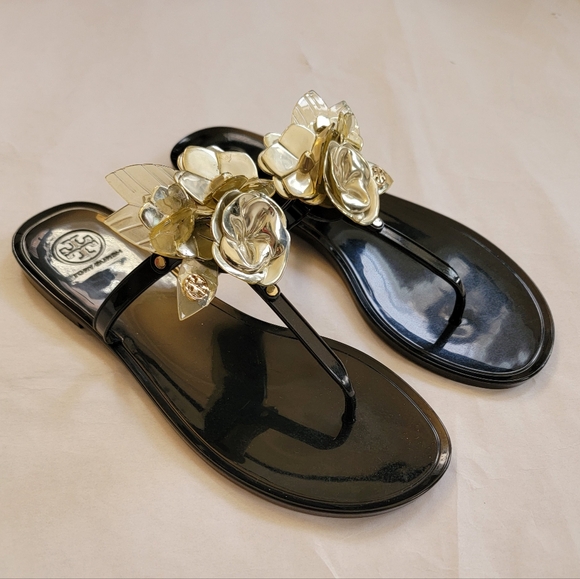 Tory Burch Shoes - Tory Burch Black Sandals with Gold Floral Detail